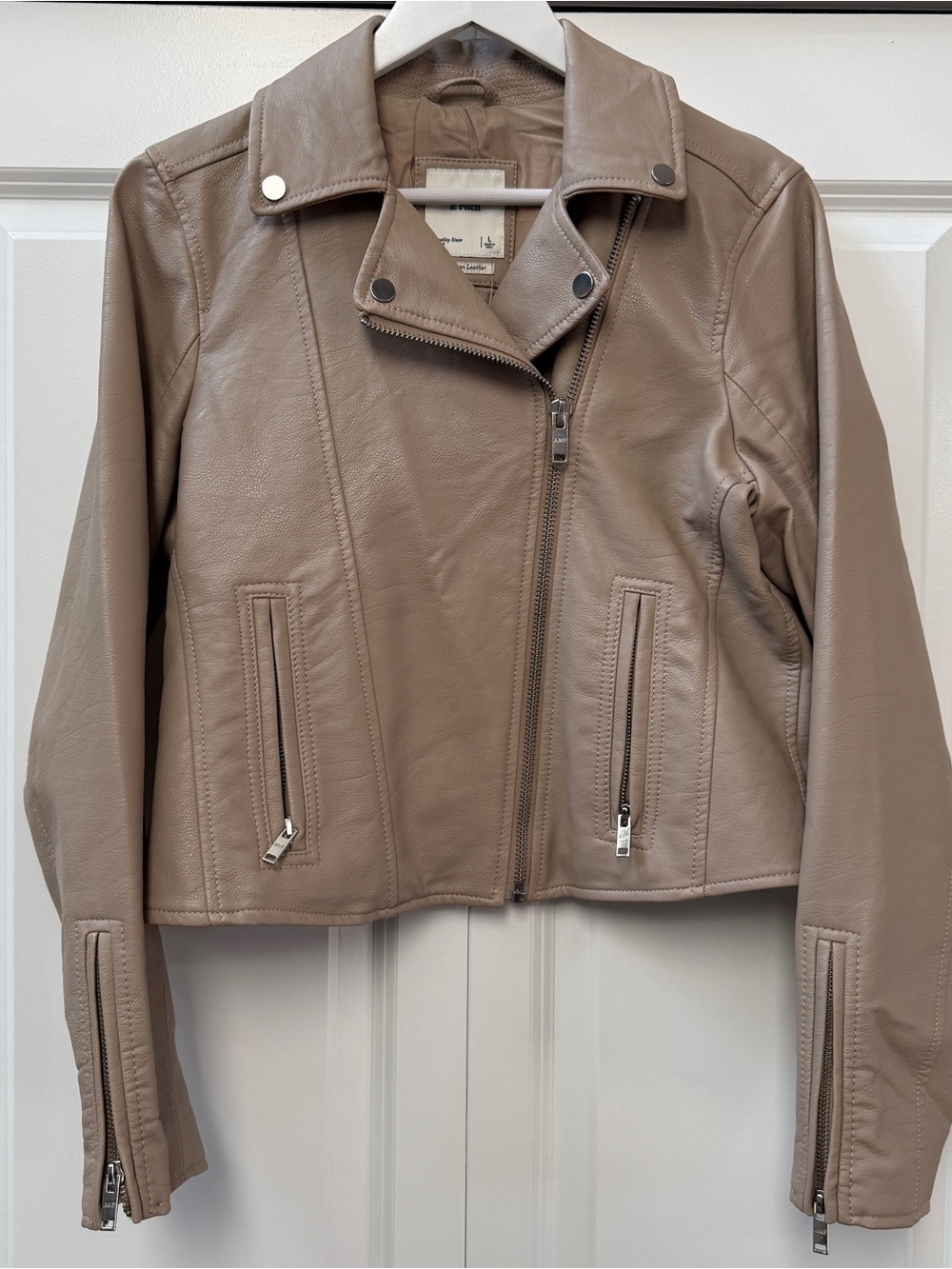 Abercrombie & Fitch Women's Large Vegan Leather Moto Jacket Beige, Taupe